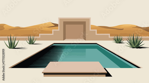 Illustration of a swimming pool in the desert with sand dunes and plants in the background view scene