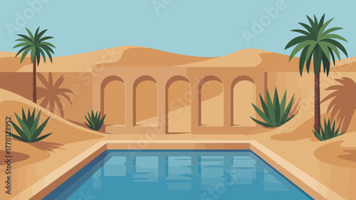 Illustration of a desert oasis with palm trees, arches, and a pool under a clear blue sky day time