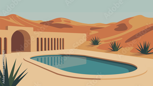 Desert oasis with a swimming pool next to a building and sand dunes in the background under a blue sky