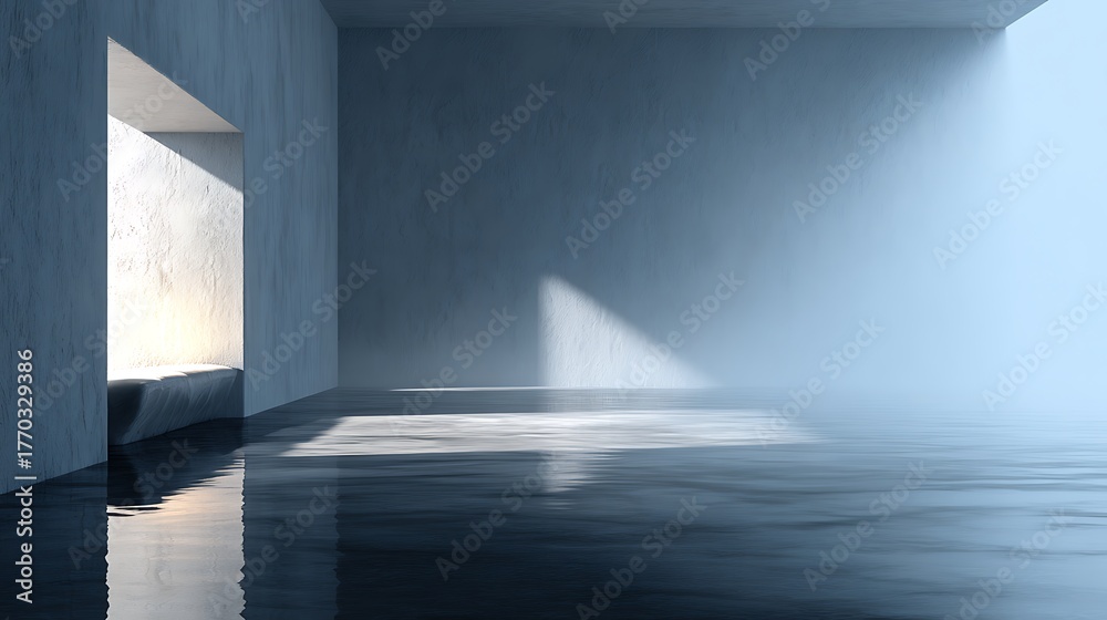 Obraz premium Soft mist and diffused light reflecting off white wall, wide blank upper area, creating tranquil and airy minimalist interior with gentle refined tones, perfect for modern calm interior concepts.