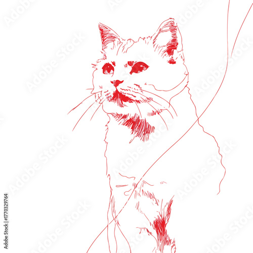 Feline Abstract Line Art with Red Highlight