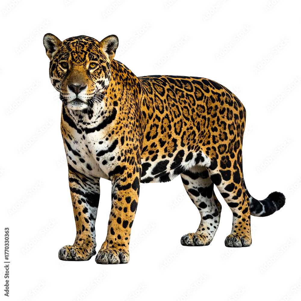 Obraz premium Regal Jaguar Portrait: A stunning jaguar with its distinctive spotted coat, stands proudly, embodying the raw power and beauty of the wild.