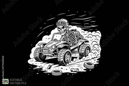 Skeleton Driving a Dune Buggy in a Cloud of Dust.