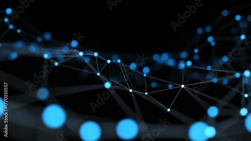 Abstract digital network of glowing blue nodes connected by white lines on a dark background.
