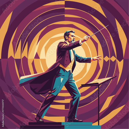 WPAP vector of a conductor leading an orchestra with a geometric spiral background. Elegant and powerful interpretation of classical performance art.