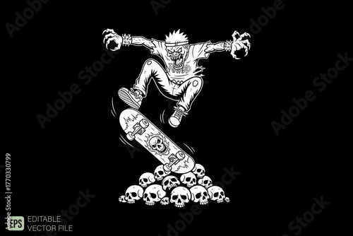 Skateboarding Zombie on Skull Pile - Monochrome Graphic Design.