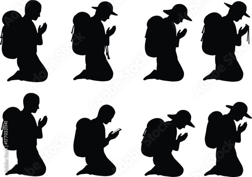 PrintSilhouette of man praying with backpack, traveler kneeling in devotion, outdoor faith, meditation and spirituality concept vector illustration