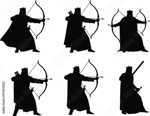 PrintSilhouette of medieval king archer aiming with bow and arrow, warrior in royal cloak, fantasy battle illustration, heroic character design