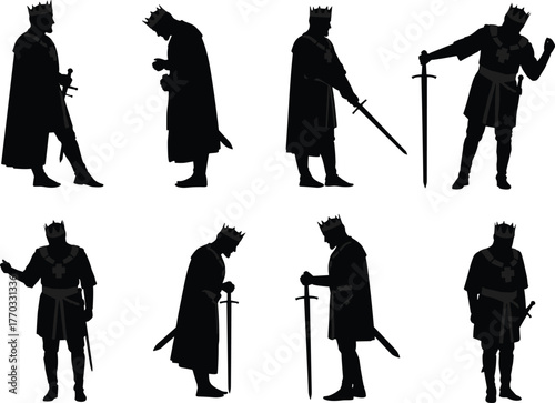 PrintSilhouette of medieval king holding sword, royal warrior in cloak and crown, fantasy noble character, heroic ancient knight illustration
