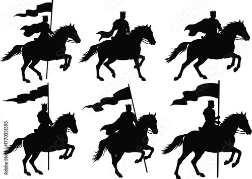 PrintSilhouette of medieval king riding horse with flag, royal warrior leader, knight cavalry illustration, historical battle scene, vector design art