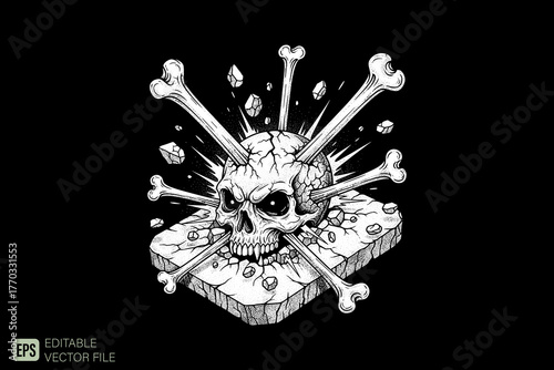 Cracked Skull and Crossbones on Broken Stone Block Illustration.