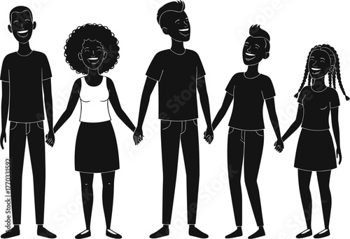 Stylized people silhouettes holding hands, diverse group illustration, unity teamwork concept, black vector artwork, social connection design, minimalist lifestyle artwork