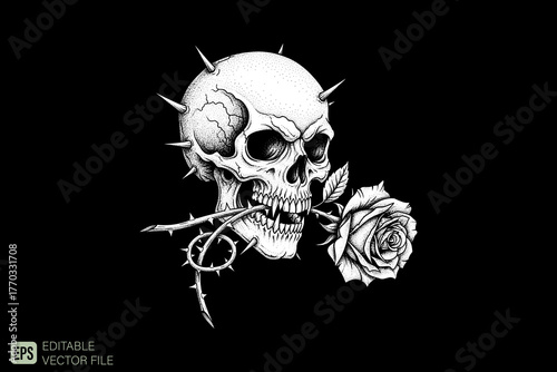 Spiked Skull with Rose in Mouth Black and White.