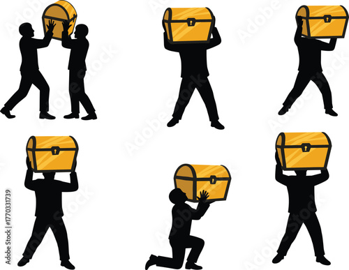 PrintSilhouette of people lifting and holding golden treasure chest, teamwork, success, business reward, motivation, wealth, leadership and achievement concept illustration