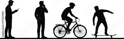 Silhouetted people in lifestyle activities, smartphone user phone call cyclist skateboarder, black vector illustration, modern communication and recreation concept artwork