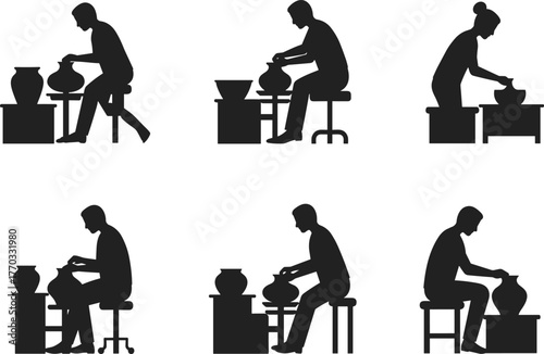 PrintSilhouette of potters shaping clay on pottery wheels, ceramic artists working with clay, handmade pottery making process illustration, vector art