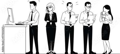 Silhouetted office workers in business attire, typing reading calling drinking, black vector illustration, workplace activity concept, professional environment artwork