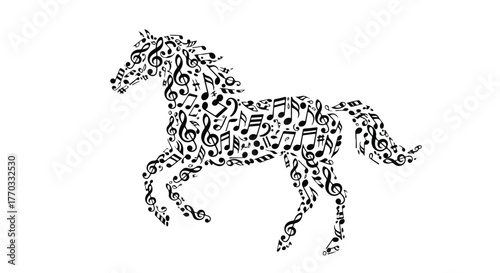 Majestic musical horse created from intricate notes and clefs, a dynamic symbol of equine grace and melody, ideal for music-themed designs and artistic projects