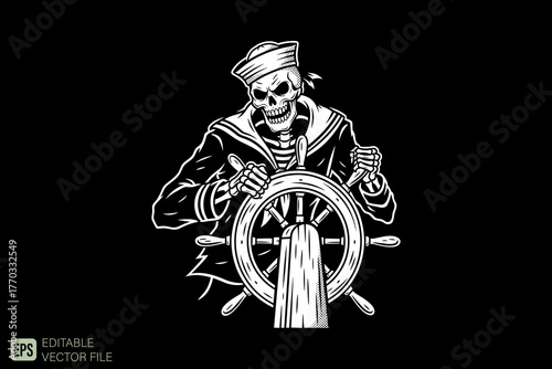 Skeleton Sailor Steering Ship Wheel Nautical Themed Illustration