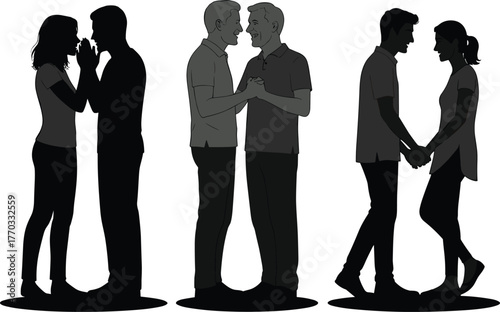 Silhouetted couples in affectionate poses, holding hands and walking, romantic connection illustration, black vector artwork, relationship diversity concept design