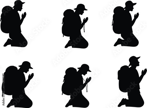 PrintSilhouette of traveler man praying, backpacker kneeling in worship, faith and spirituality concept, outdoor adventure pilgrim devotion vector illustration