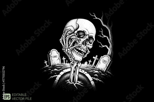 Distressed Skull Emerging from Grave in Graveyard.