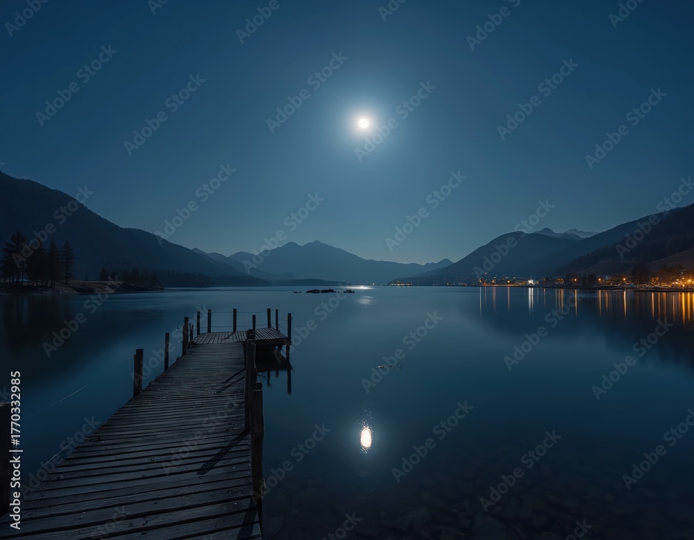 Fototapeta premium Wooden pier extends onto calm lake under full moon. Mountains and distant town lights reflected in still water. Nighttime landscape offers serene, peaceful natural beauty.