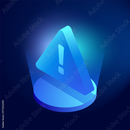 Blue Neon Isometric Caution Warning Signs Vector Ideal for data security, Risk, Technology Safety, Attention, Bankruptcy, Power Outage, Dangerous Symbol, Alert in Futuristic Cyberpunk Concept Vector