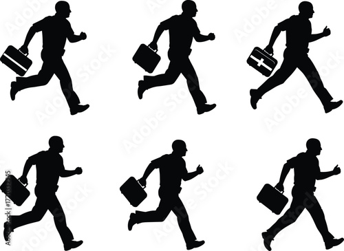 PrintSilhouette sequence of emergency medical worker running fast with first aid kit, urgent rescue concept, healthcare emergency response illustration