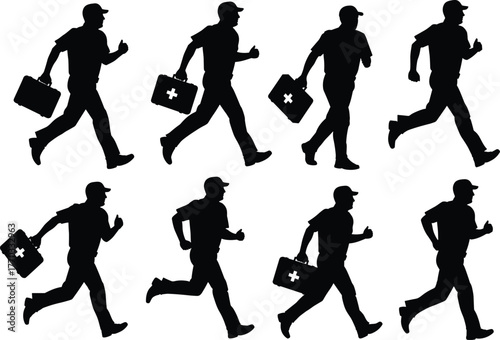 PrintSilhouette sequence of emergency medical worker running with first aid kit, healthcare professional providing urgent rescue service, medical emergency response illustration