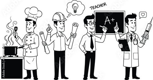 Cartoon male professionals illustration, chef engineer teacher manager doctor, career diversity concept, educational vector artwork 