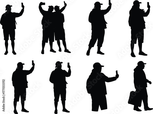PrintSilhouette tourists taking selfies with smartphone during travel, modern lifestyle concept, social media photography, vacation exploration, backpacker journey illustration