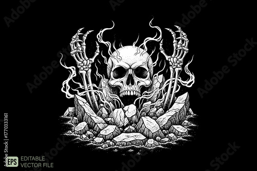 Skull and Skeleton Hands Emerging from Rocks with Eerie Smoke.
