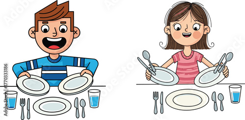 Cartoon kids dining with table settings, showing happy mealtime behavior, utensils in hand, educational illustration for etiquette and manners