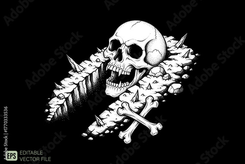Screaming Skull with Bones and Spikes in a Dark and Mysterious S