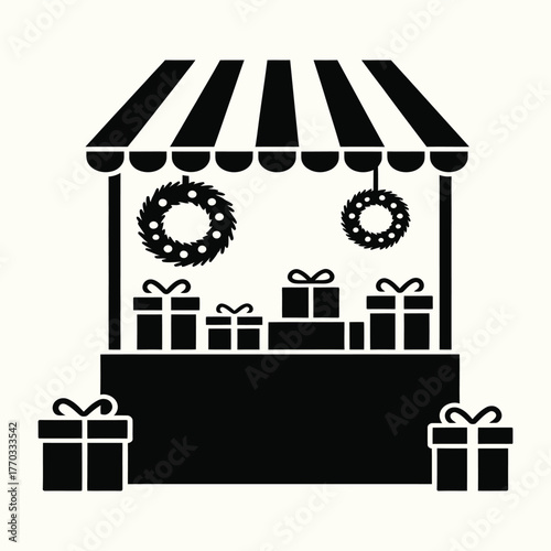 Festive Holiday Gift Shop Silhouette with Striped Awning, Wreaths, and Piles of Presents, Capturing Christmas Cheer in Minimalist Design