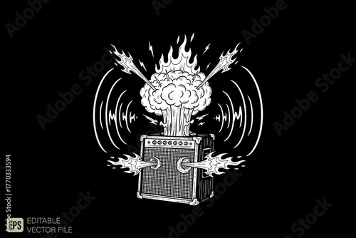 Exploding Guitar Amplifier with Flames and Sound Waves.