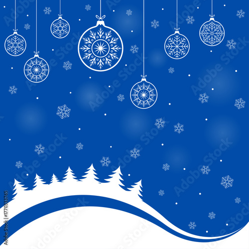 Blue chrismas card design with winter landscape, pine forest, baubles illustration. Winter holidays concept card design to use for merry christmas greetings, winter advertising, happy new year card.