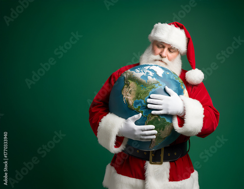 Santa Claus holding globe with green background representing global unity