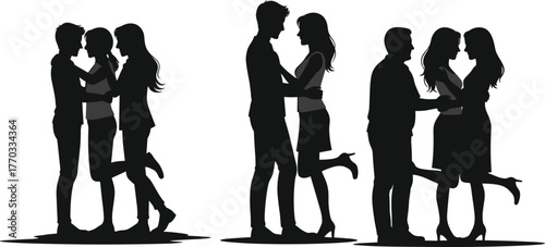 Silhouetted couples embracing in romantic poses, playful leg lift gesture, black vector illustration, love connection artwork, 