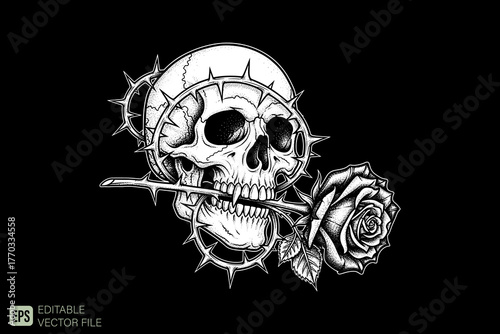 Skull with Rose and Barbed Wire Tattoo Design.