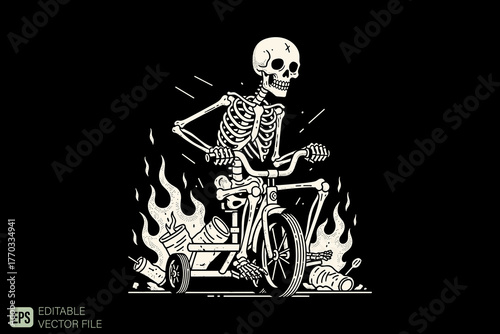 Skeleton Riding a Tricycle with Flames in a Retro Style.