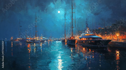 Wallpaper Mural Ship with searchlight at night. The boat is at the pier. Moonlit night, dark water.Paintings Torontodigital.ca