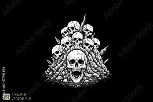 Pile of Skulls with Central Screaming Skull Vector Art.