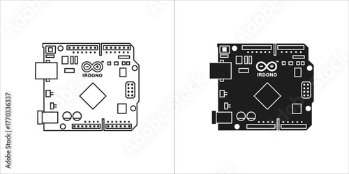 Arduino microcontroller board, outline and filled silhouette