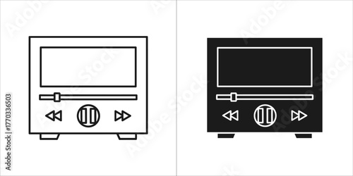 Outline and filled icon of a portable music player with play, pause, and skip buttons