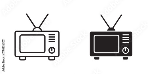 Outline and filled icon of a vintage television set with an antenna and power button