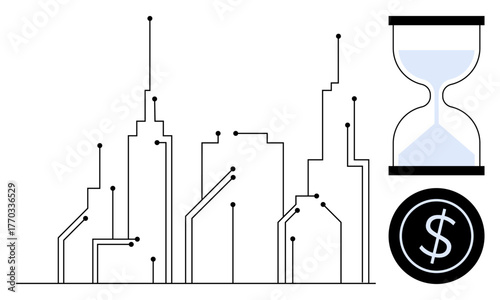 Urban skyline with circuit-line patterns, hourglass, and currency sign. Ideal for technology, finance, time management, urbanization, innovation investment efficiency. Simple flat metaphor