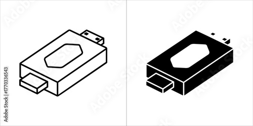 Usb flash drive icon, black and white outline and solid fill