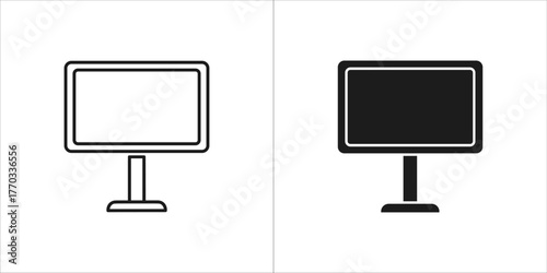 Blank television screen in outline and solid black icon set